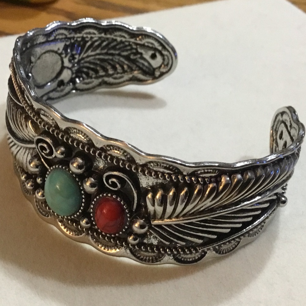 Silver Turquoise Navajo Inspired Open Cuff Bracelet - Picture 2 of 2